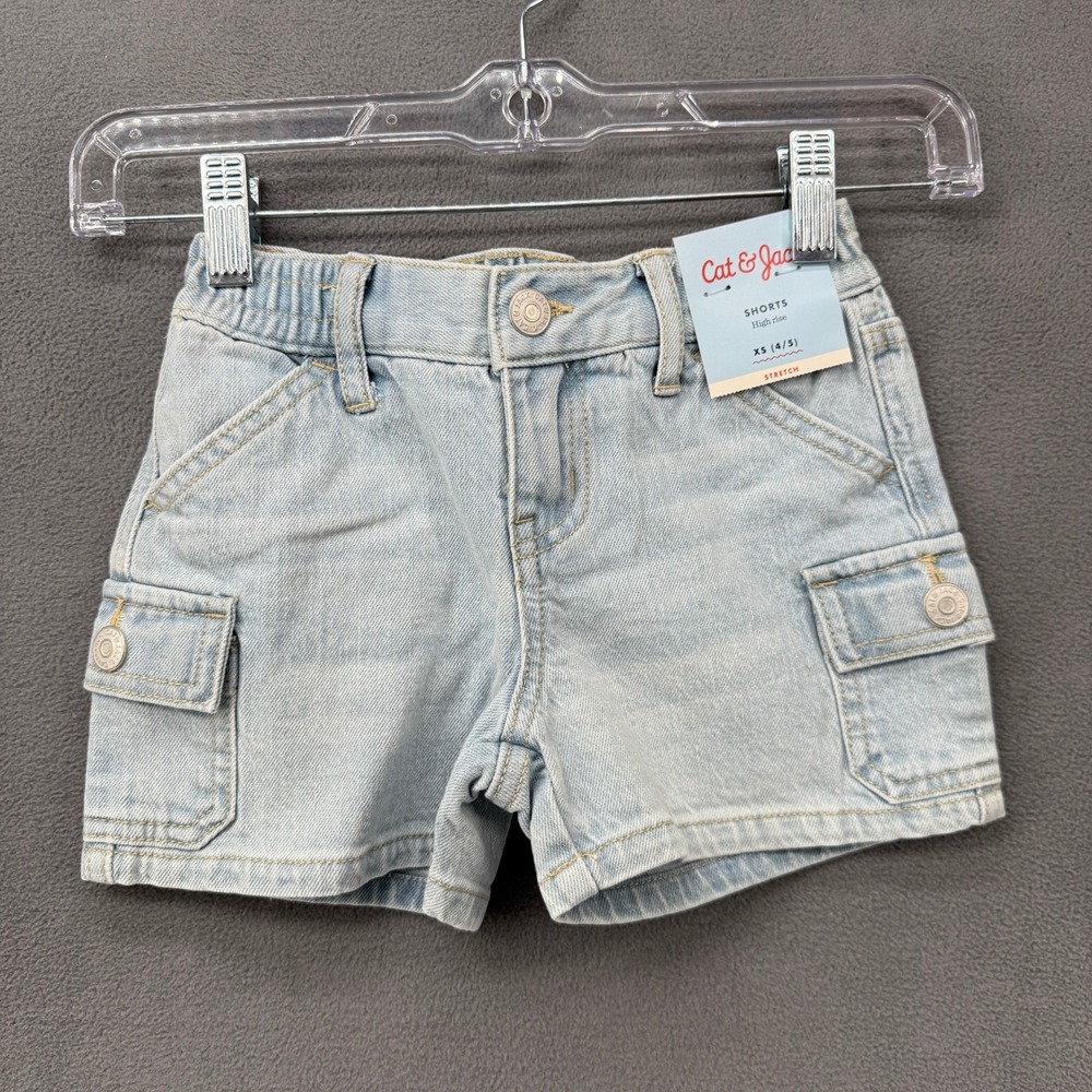 Cat & Jack Cargo Shorts Girls Light Wash Denim High Rise Stretch XS 4/5 NEW